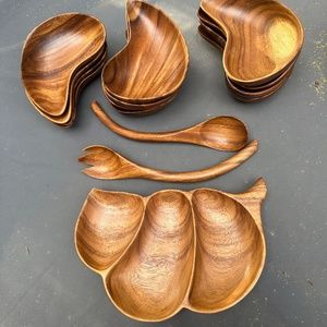 Vintage Monkey Pod Wood divided bowl serving set MCM Mid Century